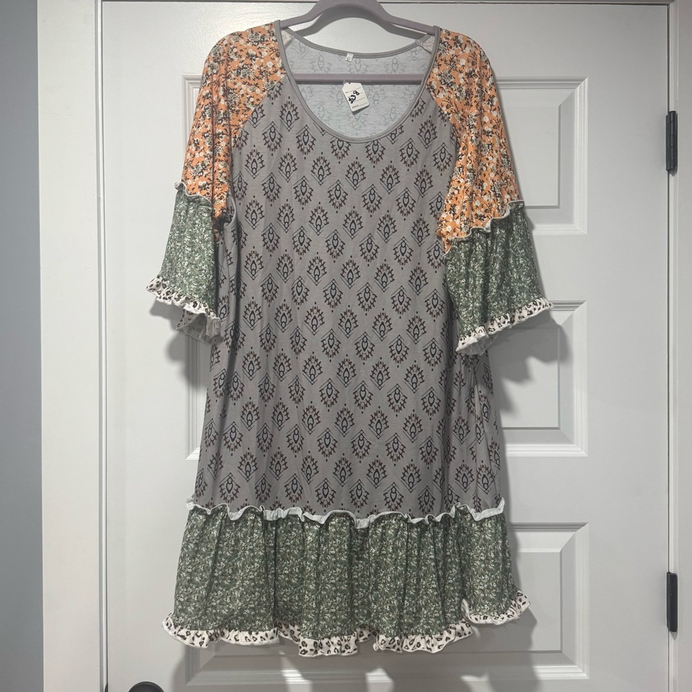 Boho Patchwork Mini Dress in Gray, Green & Orange